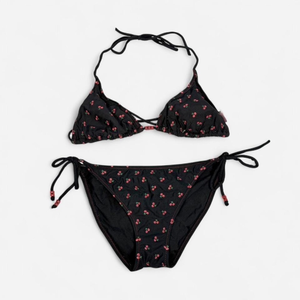 Vintage y2k Pool Party black with glitter cherries print bikini swimsuit